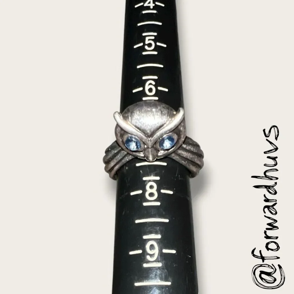 Owl Ring With Sapphire Blue Rhinestone Eyes Size 7.5